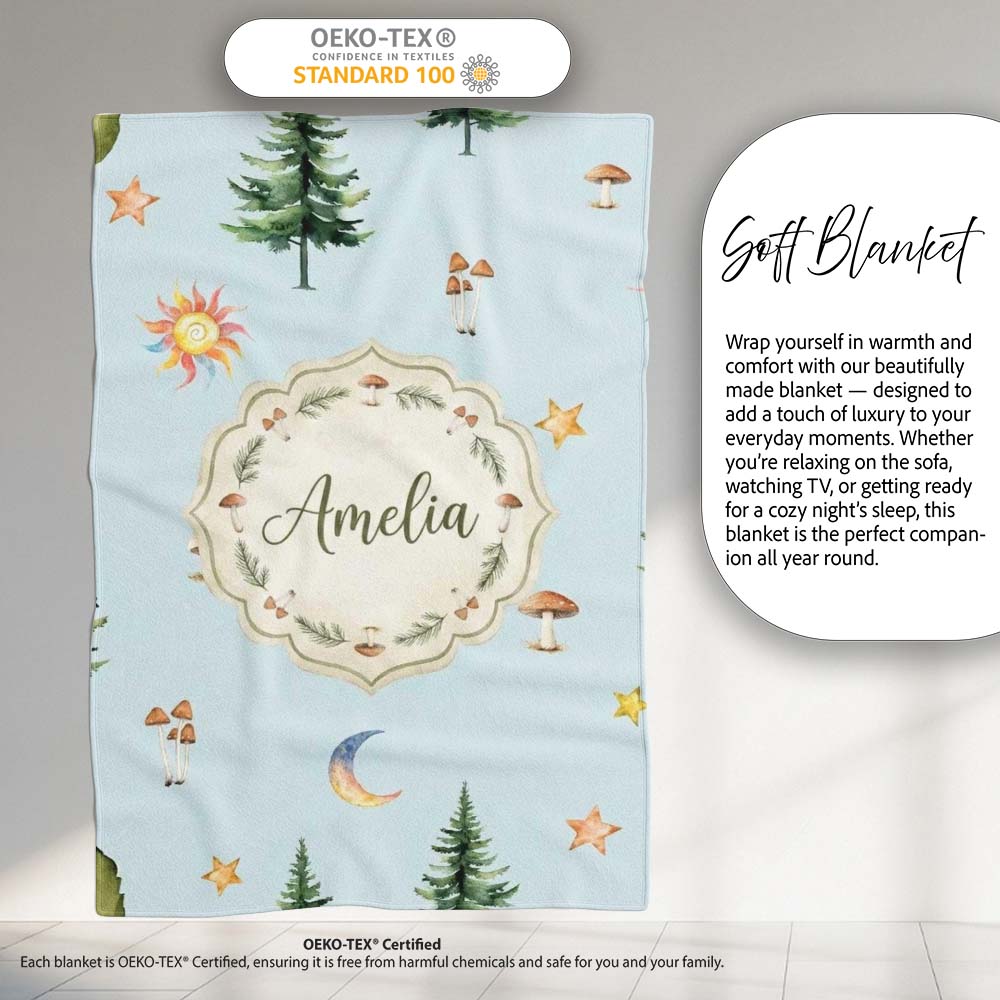 Watercolor Forest Trees Mushrooms Sun Moon Stars on Sky Blue Personalised Custom Name Super Soft Fleece Blanket Bed Sofa Throw