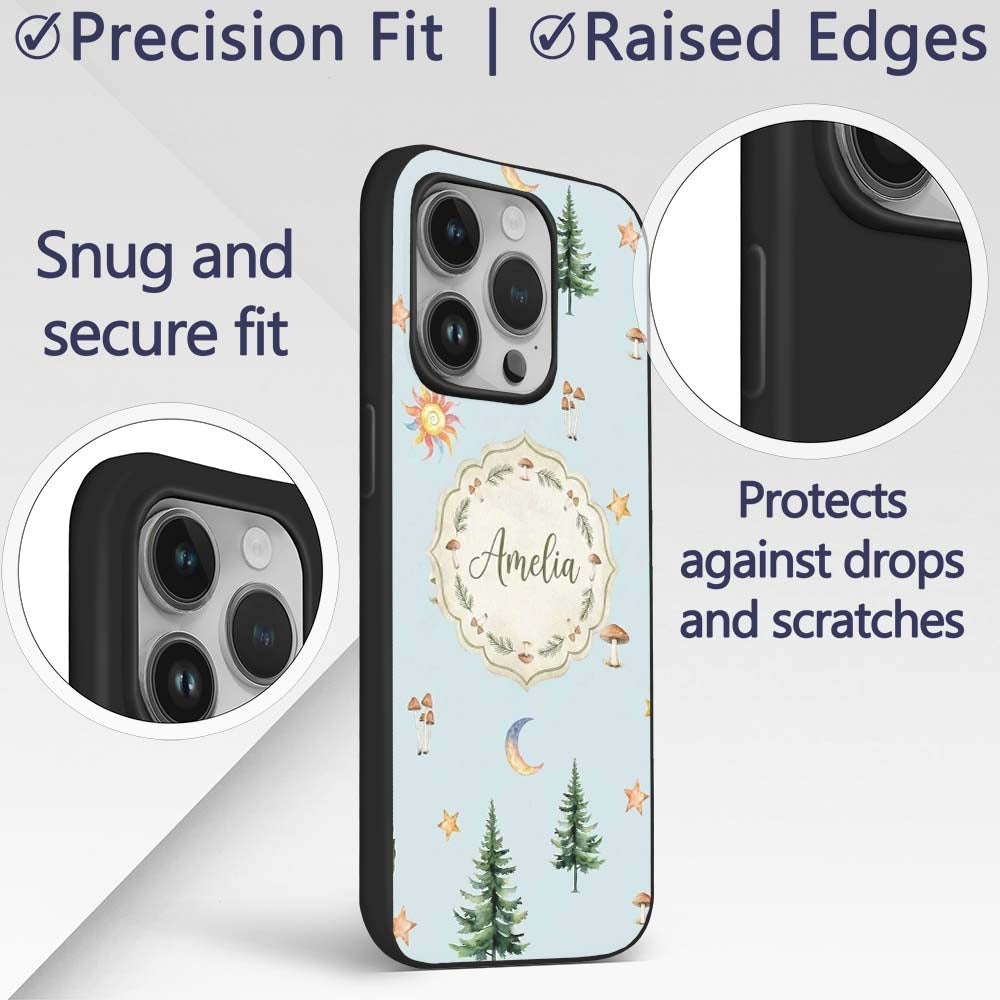 Watercolor Forest Trees Mushrooms Sun Moon Stars Custom Name Protective Phone Case Mobile Cover Durable Everyday Smartphone Shock Resistant