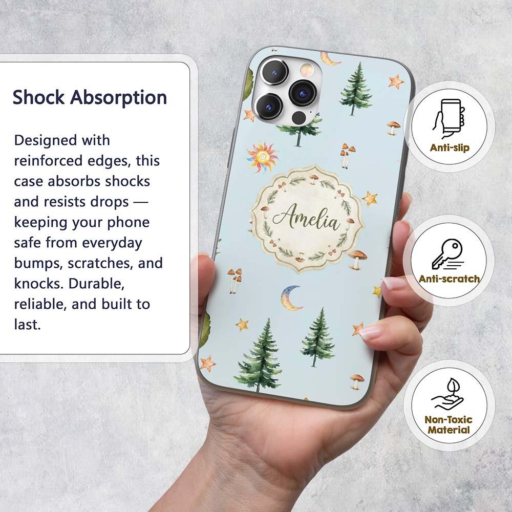 Watercolor Forest Trees Mushrooms Sun Moon Stars Custom Name Protective Phone Case Mobile Cover Durable Everyday Smartphone Shock Resistant