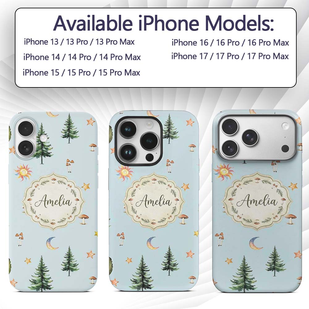 Watercolor Forest Trees Mushrooms Sun Moon Stars Custom Name Protective Phone Case Mobile Cover Durable Everyday Smartphone Shock Resistant