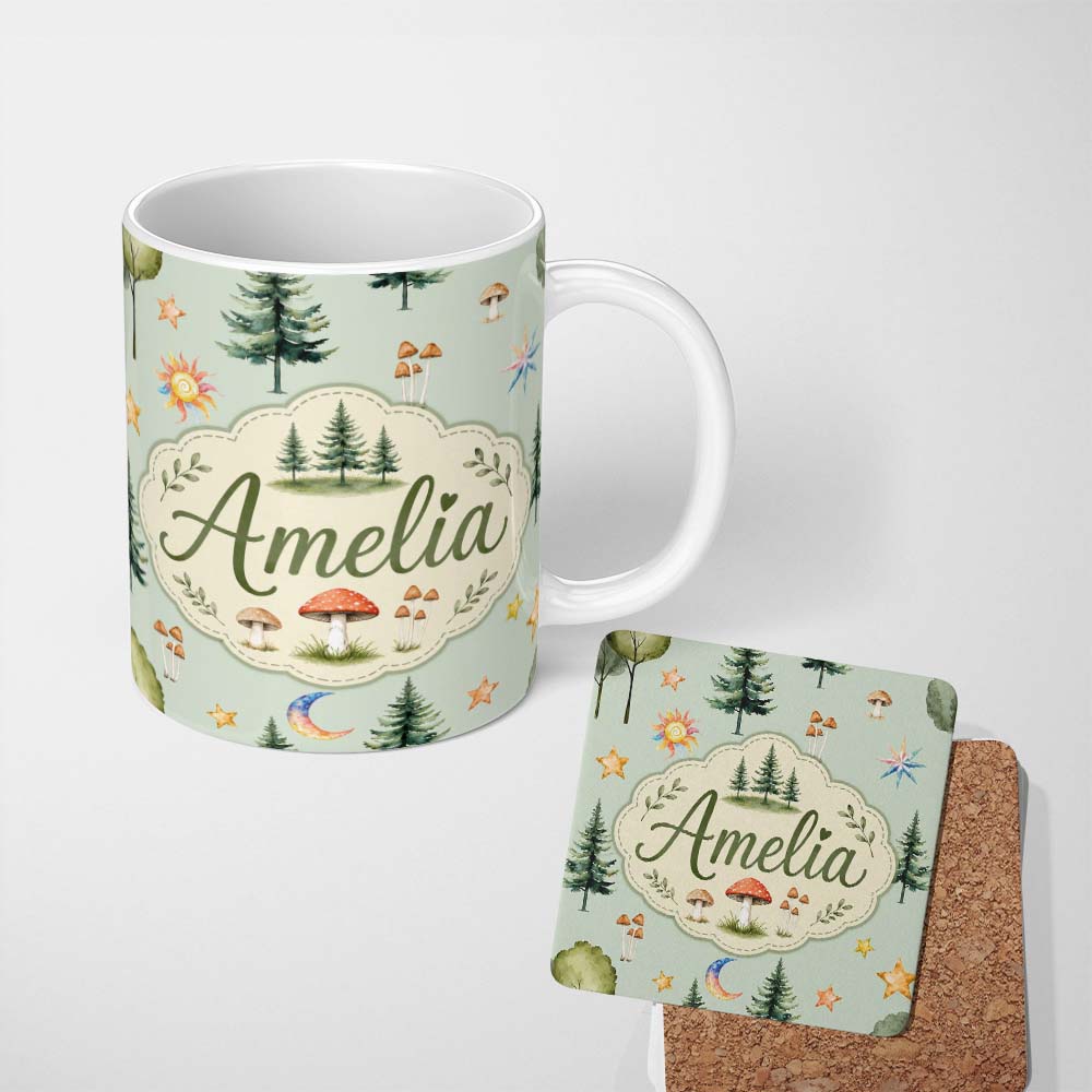 Personalized Custom Name Watercolor Forest Trees Mushrooms Sun Moon Stars on Sage Green 11oz Ceramic Coffee Tea Mug White Large Handle