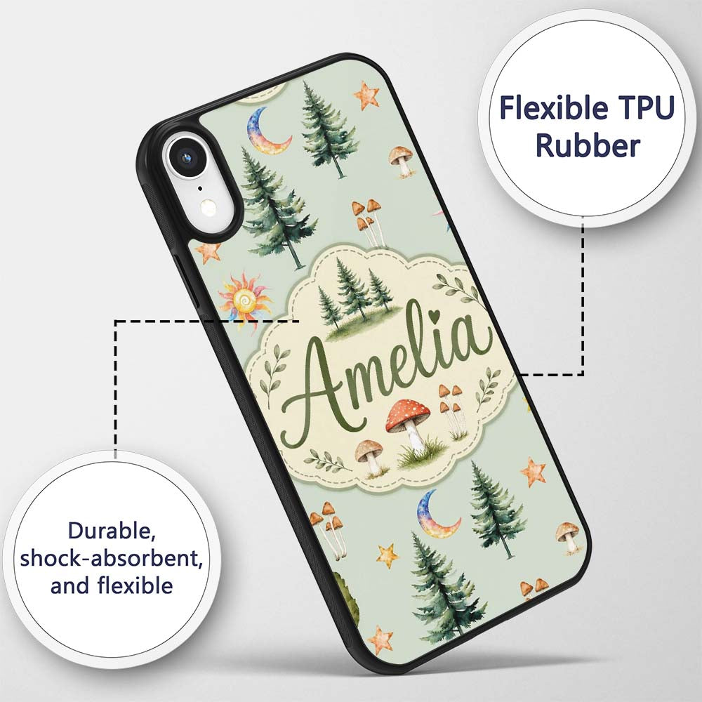 Watercolor Forest Trees Mushrooms Sun Moon Stars Custom Name Protective Phone Case Mobile Cover Durable Everyday Smartphone Shock Resistant