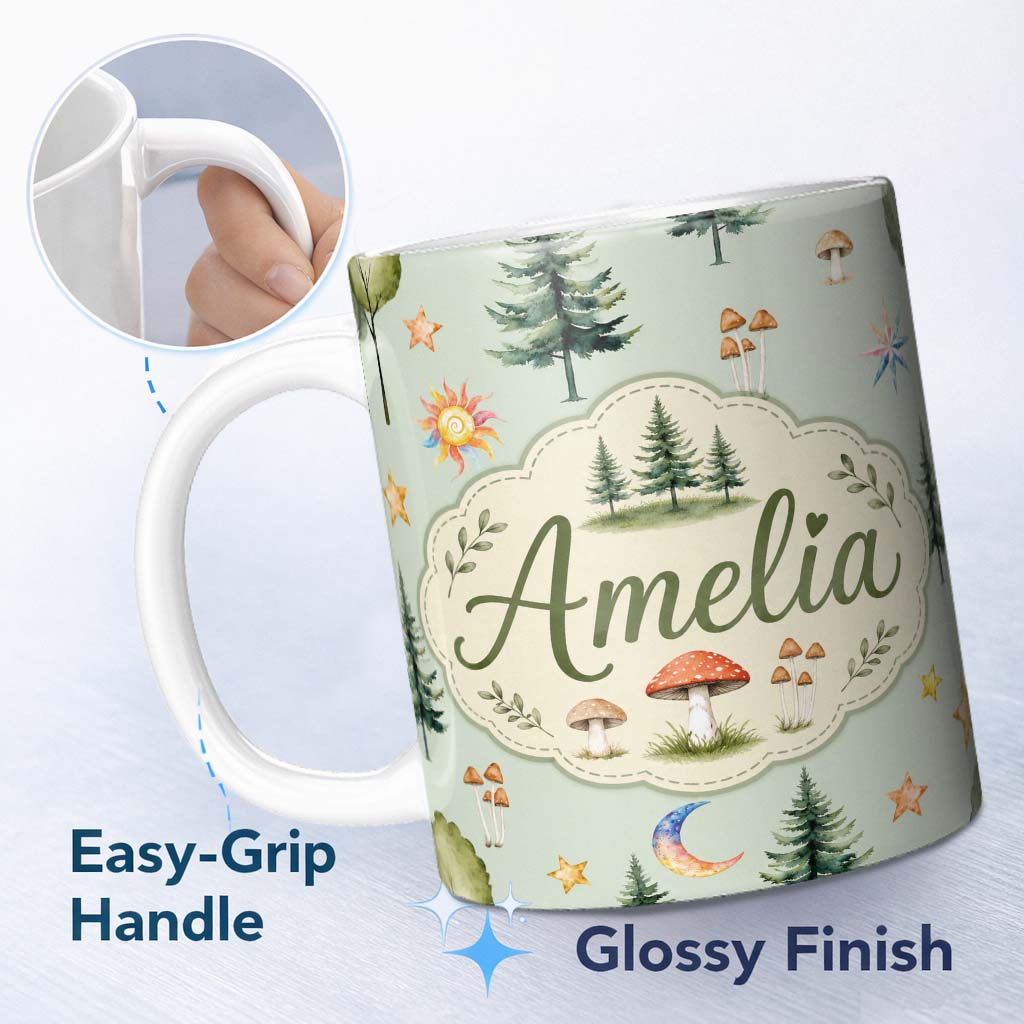 Personalized Custom Name Watercolor Forest Trees Mushrooms Sun Moon Stars on Sage Green 11oz Ceramic Coffee Tea Mug White Large Handle