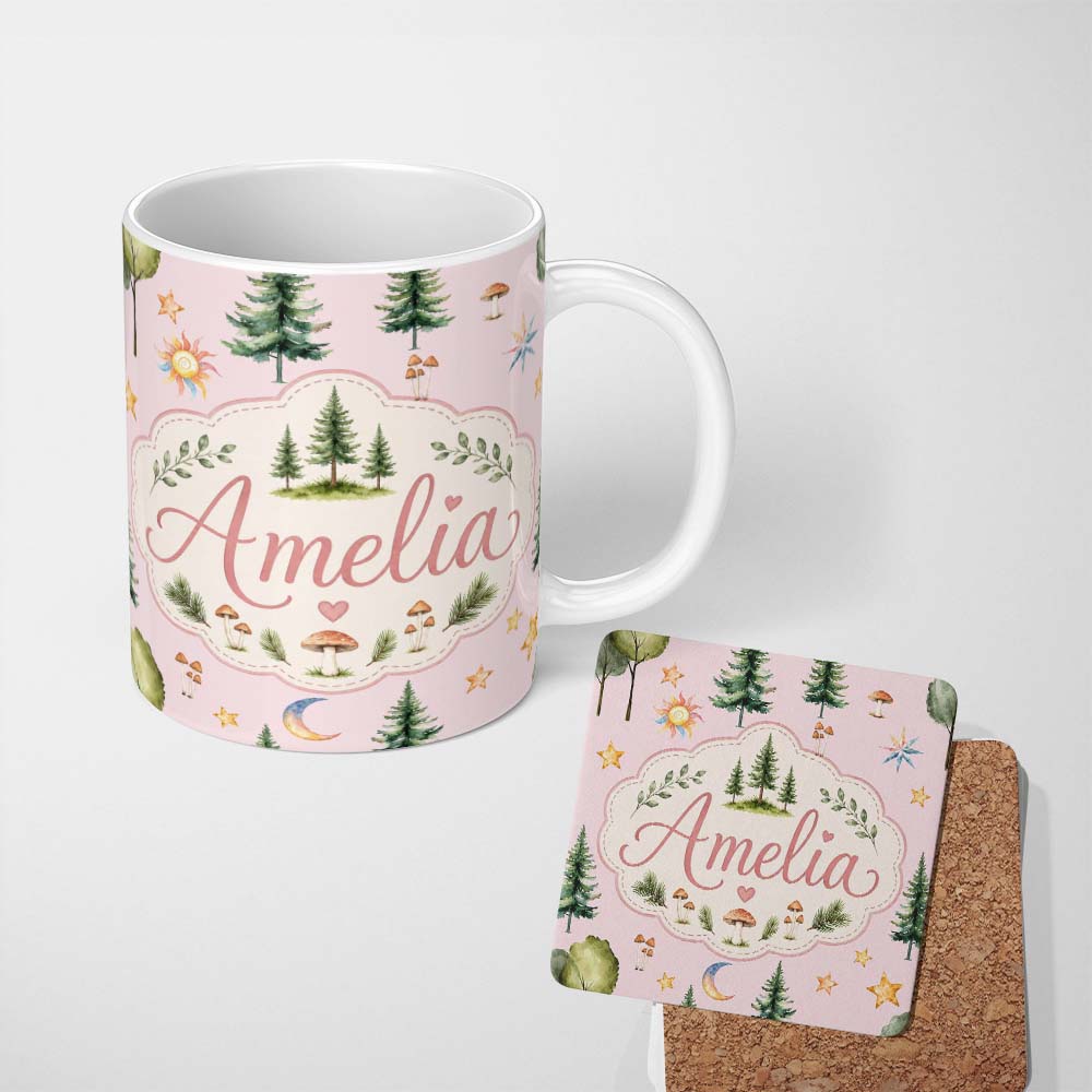 Personalized Custom Name Watercolor Forest Trees Mushrooms Sun Moon Stars on Blush Pink 11oz Ceramic Coffee Tea Mug White Large Handle