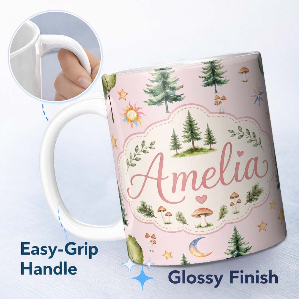 Personalized Custom Name Watercolor Forest Trees Mushrooms Sun Moon Stars on Blush Pink 11oz Ceramic Coffee Tea Mug White Large Handle