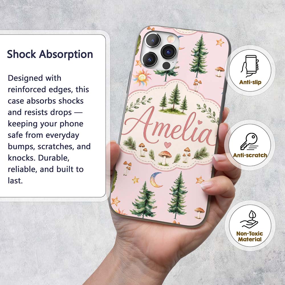 Watercolor Forest Trees Mushrooms Sun Moon Stars Custom Name Protective Phone Case Mobile Cover Durable Everyday Smartphone Shock Resistant