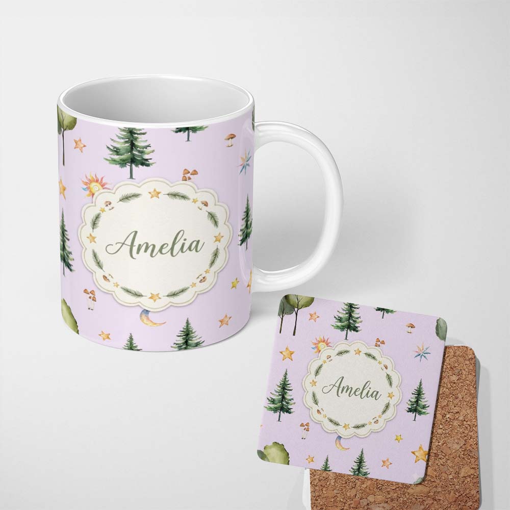 Personalized Custom Name Watercolor Forest Trees Mushrooms Sun Moon Stars on Soft Lilac 11oz Ceramic Coffee Tea Mug White Large Handle