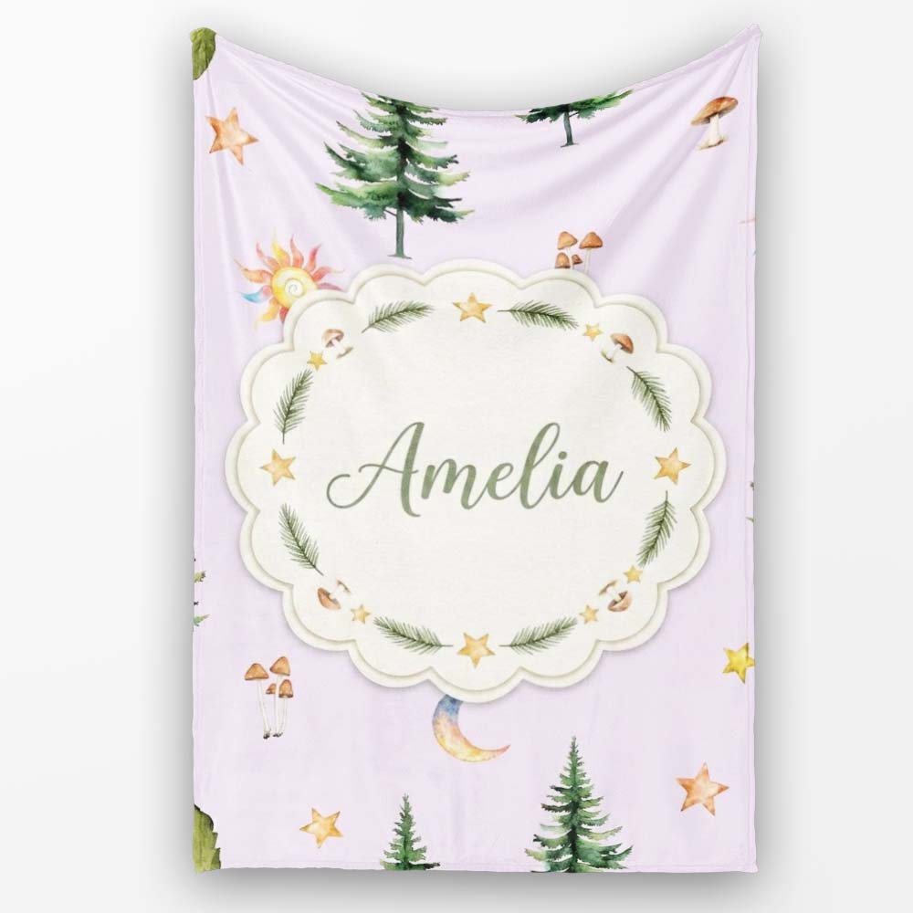 Watercolor Forest Trees Mushrooms Sun Moon Stars on Soft Lilac Personalised Custom Name Super Soft Fleece Blanket Bed Sofa Throw