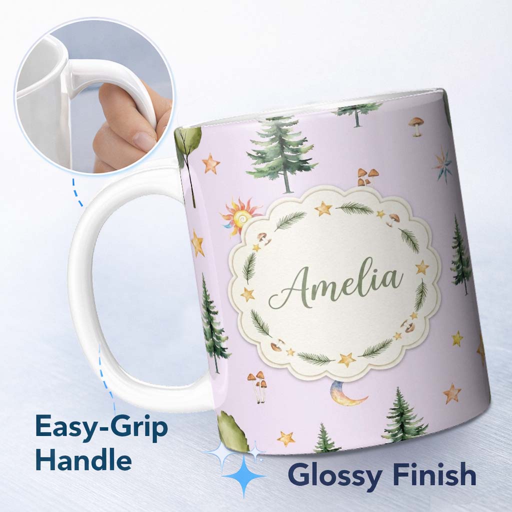 Personalized Custom Name Watercolor Forest Trees Mushrooms Sun Moon Stars on Soft Lilac 11oz Ceramic Coffee Tea Mug White Large Handle