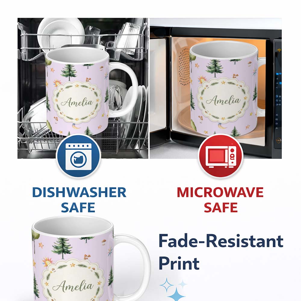 Personalized Custom Name Watercolor Forest Trees Mushrooms Sun Moon Stars on Soft Lilac 11oz Ceramic Coffee Tea Mug White Large Handle