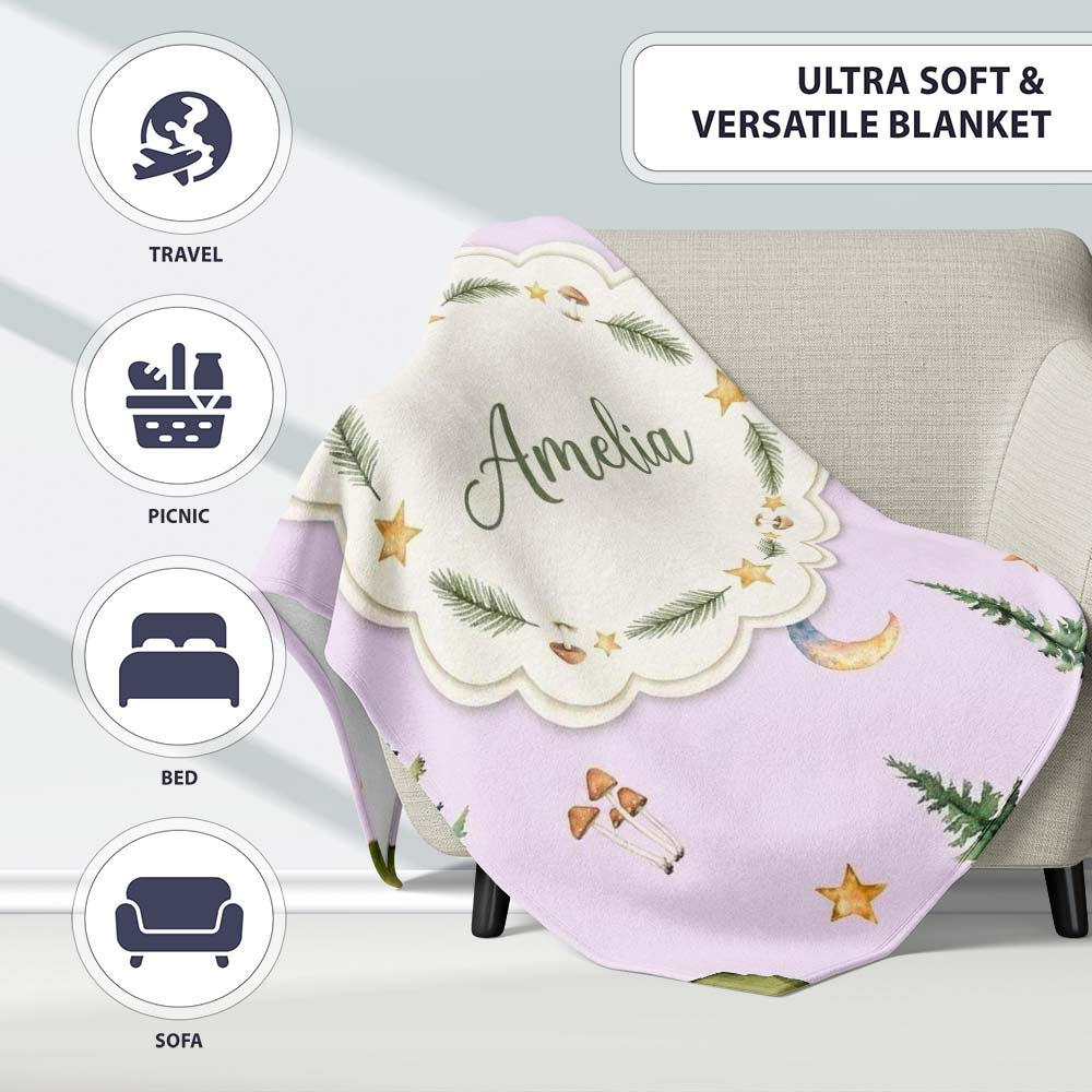 Watercolor Forest Trees Mushrooms Sun Moon Stars on Soft Lilac Personalised Custom Name Super Soft Fleece Blanket Bed Sofa Throw