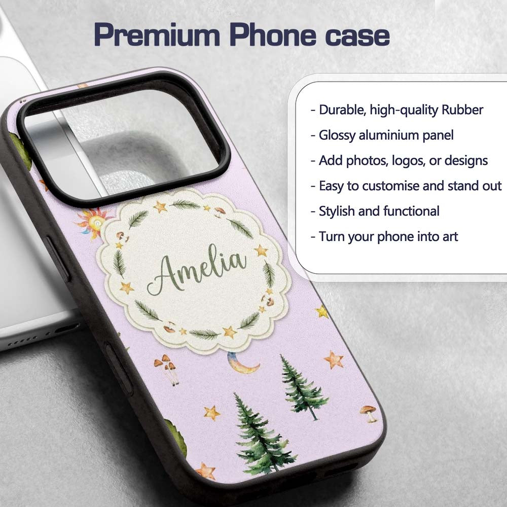 Watercolor Forest Trees Mushrooms Sun Moon Stars Custom Name Protective Phone Case Mobile Cover Durable Everyday Smartphone Shock Resistant