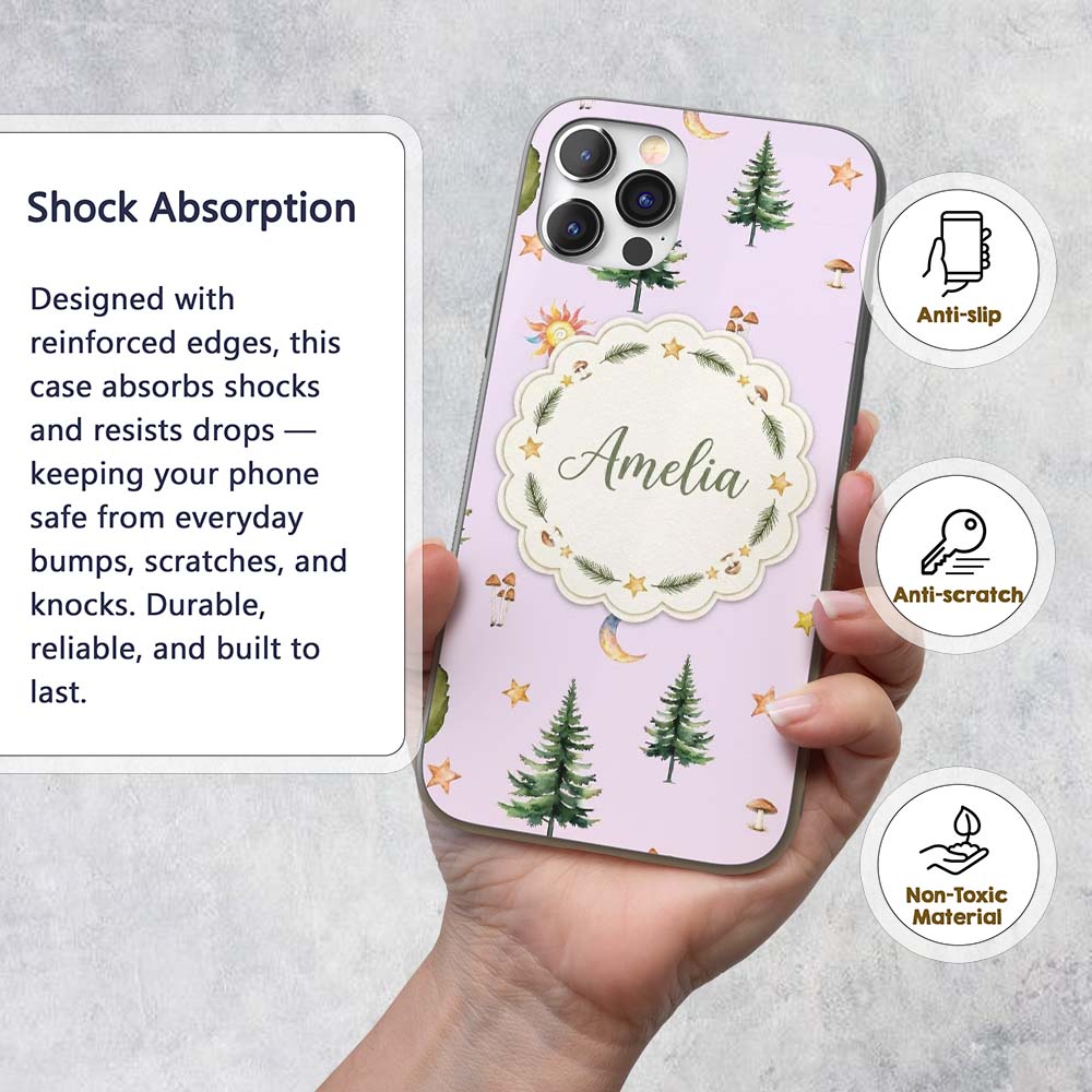 Watercolor Forest Trees Mushrooms Sun Moon Stars Custom Name Protective Phone Case Mobile Cover Durable Everyday Smartphone Shock Resistant