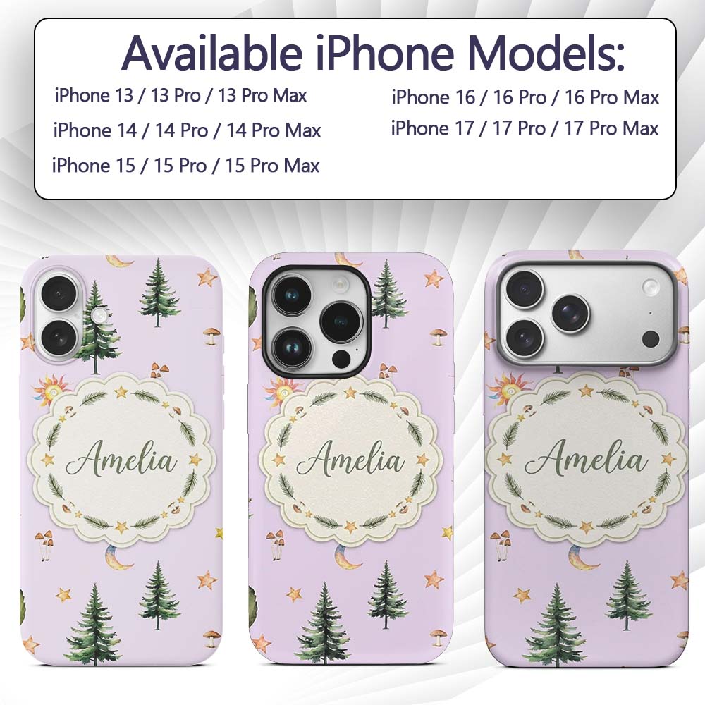 Watercolor Forest Trees Mushrooms Sun Moon Stars Custom Name Protective Phone Case Mobile Cover Durable Everyday Smartphone Shock Resistant