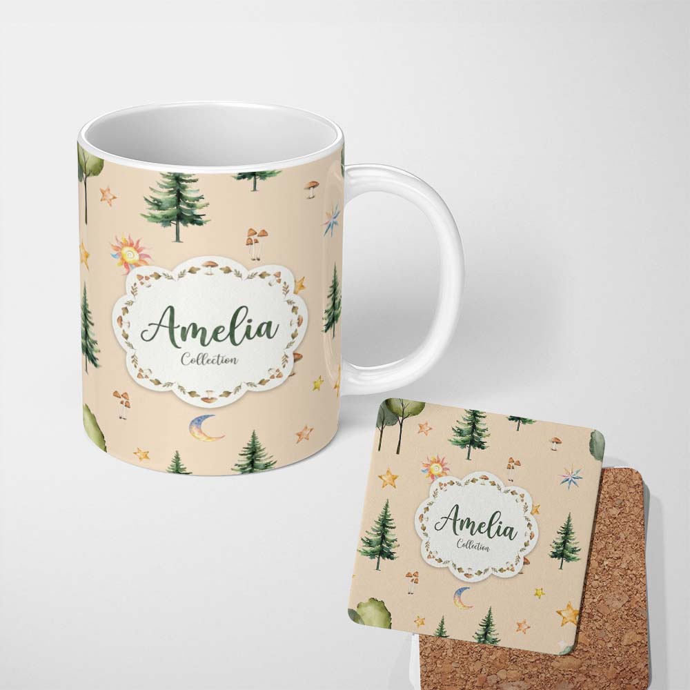 Personalized Custom Name Watercolor Forest Trees Mushrooms Sun Moon Stars on Warm Beige 11oz Ceramic Coffee Tea Mug White Large Handle