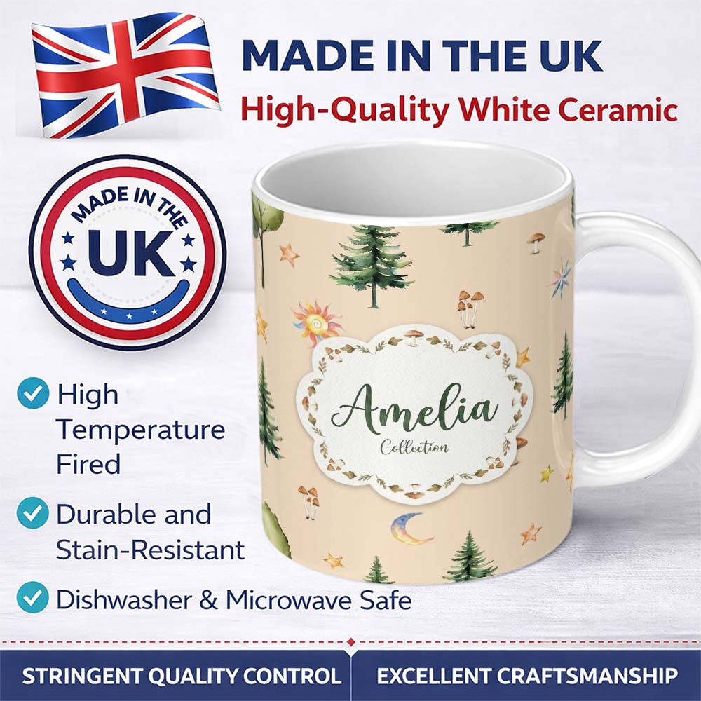 Personalized Custom Name Watercolor Forest Trees Mushrooms Sun Moon Stars on Warm Beige 11oz Ceramic Coffee Tea Mug White Large Handle