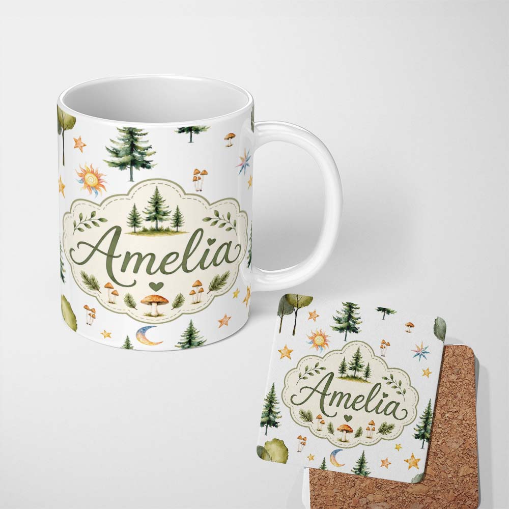 Personalized Custom Name Watercolor Forest Trees Mushrooms Sun Moon Stars on Light Grey 11oz Ceramic Coffee Tea Mug White Large Handle
