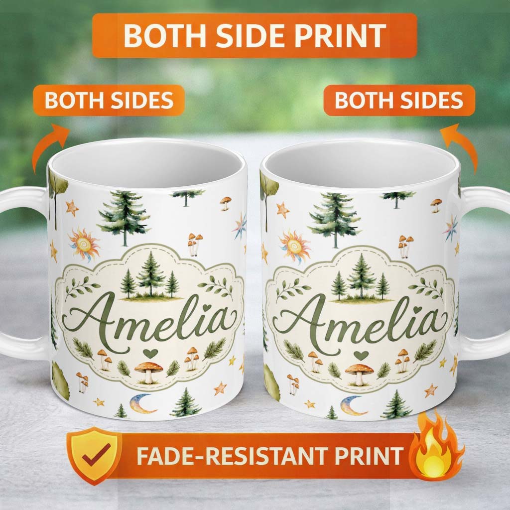 Personalized Custom Name Watercolor Forest Trees Mushrooms Sun Moon Stars on Light Grey 11oz Ceramic Coffee Tea Mug White Large Handle