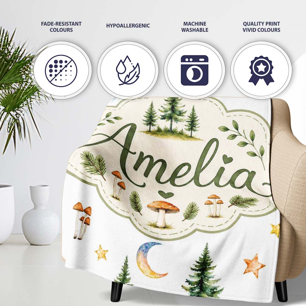 Watercolor Forest Trees Mushrooms Sun Moon Stars on Light Grey Personalised Custom Name Super Soft Fleece Blanket Bed Sofa Throw