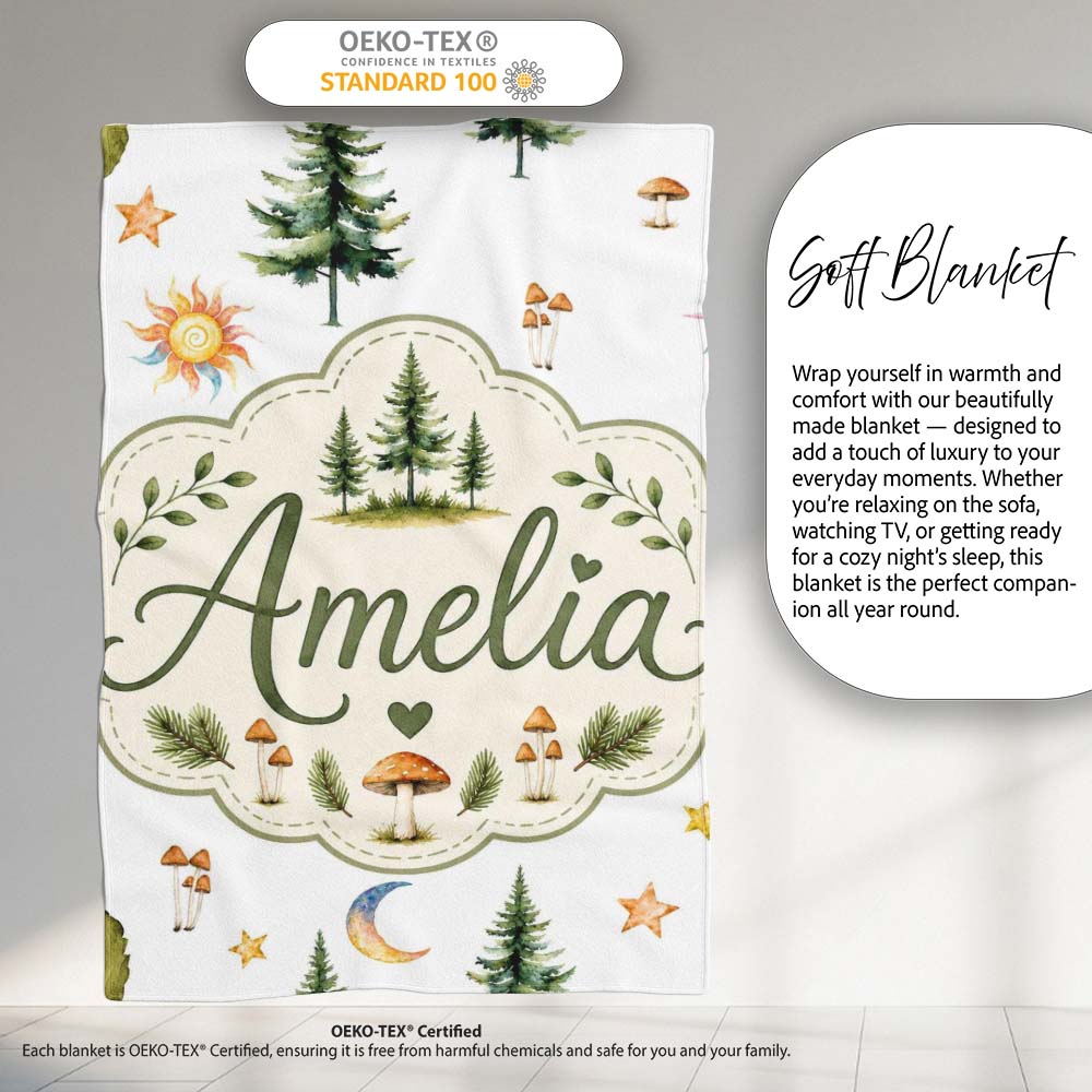 Watercolor Forest Trees Mushrooms Sun Moon Stars on Light Grey Personalised Custom Name Super Soft Fleece Blanket Bed Sofa Throw
