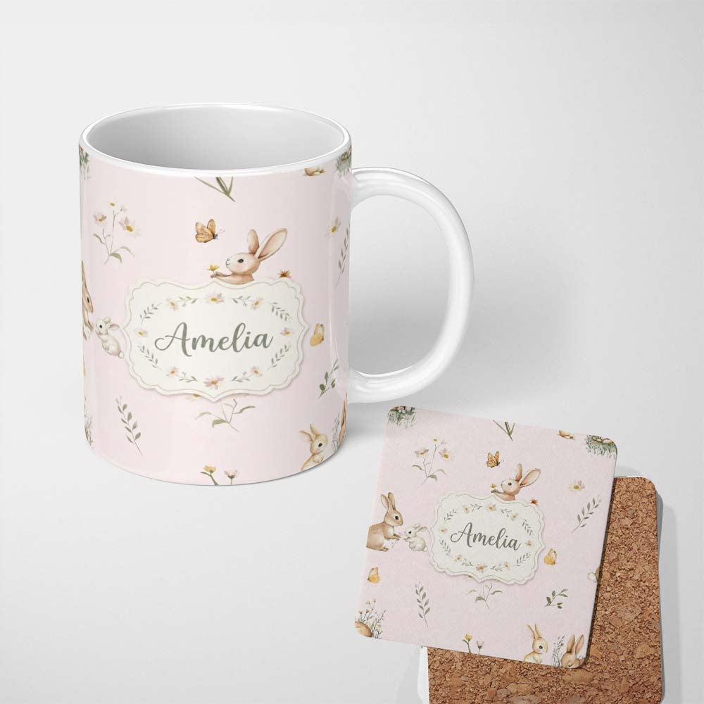 Personalized Custom Name Watercolor Cute Bunny Rabbits Butterflies Wildflowers Seamless 11oz Ceramic Coffee Tea Mug White Large Handle