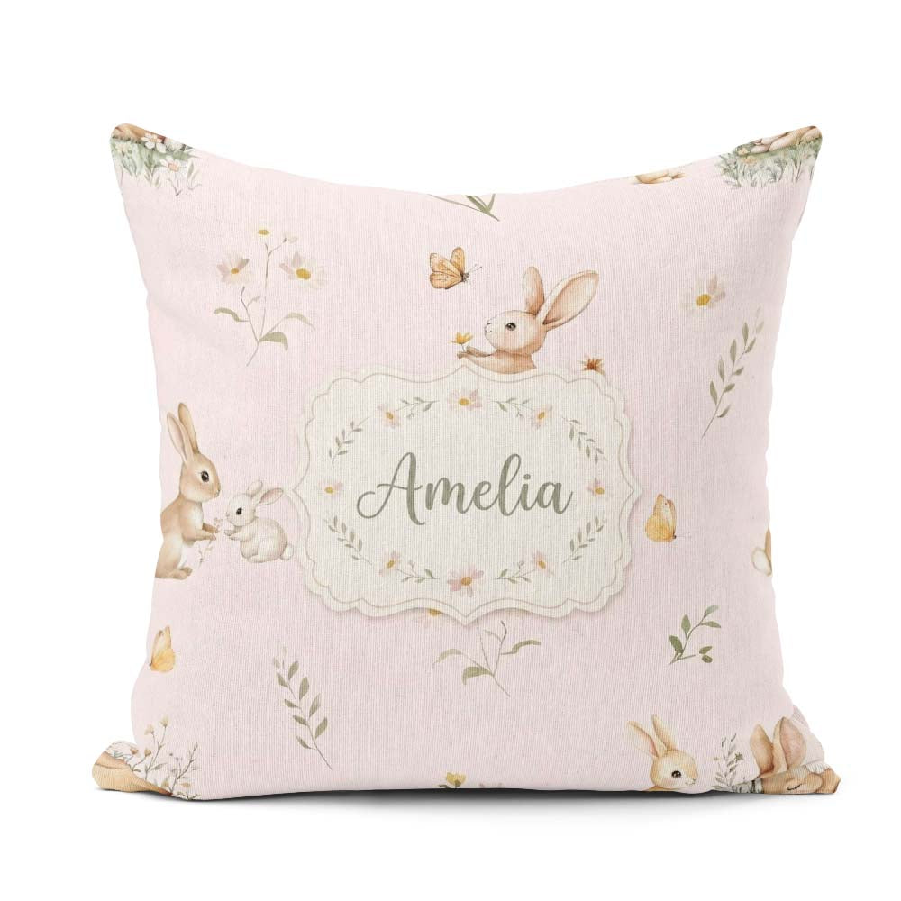 Custom Name Cute Bunny Rabbits Butterflies Wildflowers Seamless Square Filled Cushion Throw Pillow Sofa Bed Home Decor Zip Washable UK Made