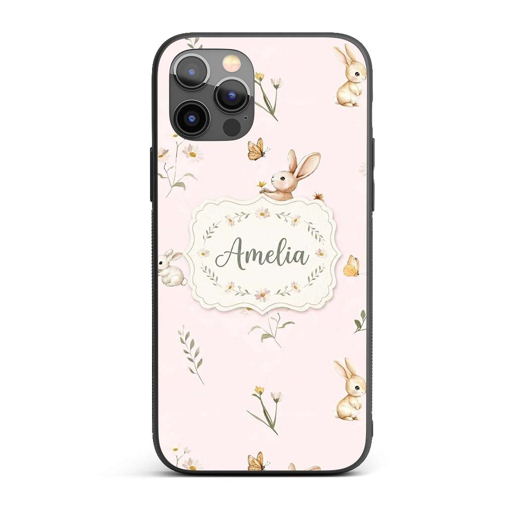 Watercolor Cute Bunny Rabbits Printed Design Custom Name Protective Phone Case Mobile Cover Durable Everyday Smartphone Shock Resistant