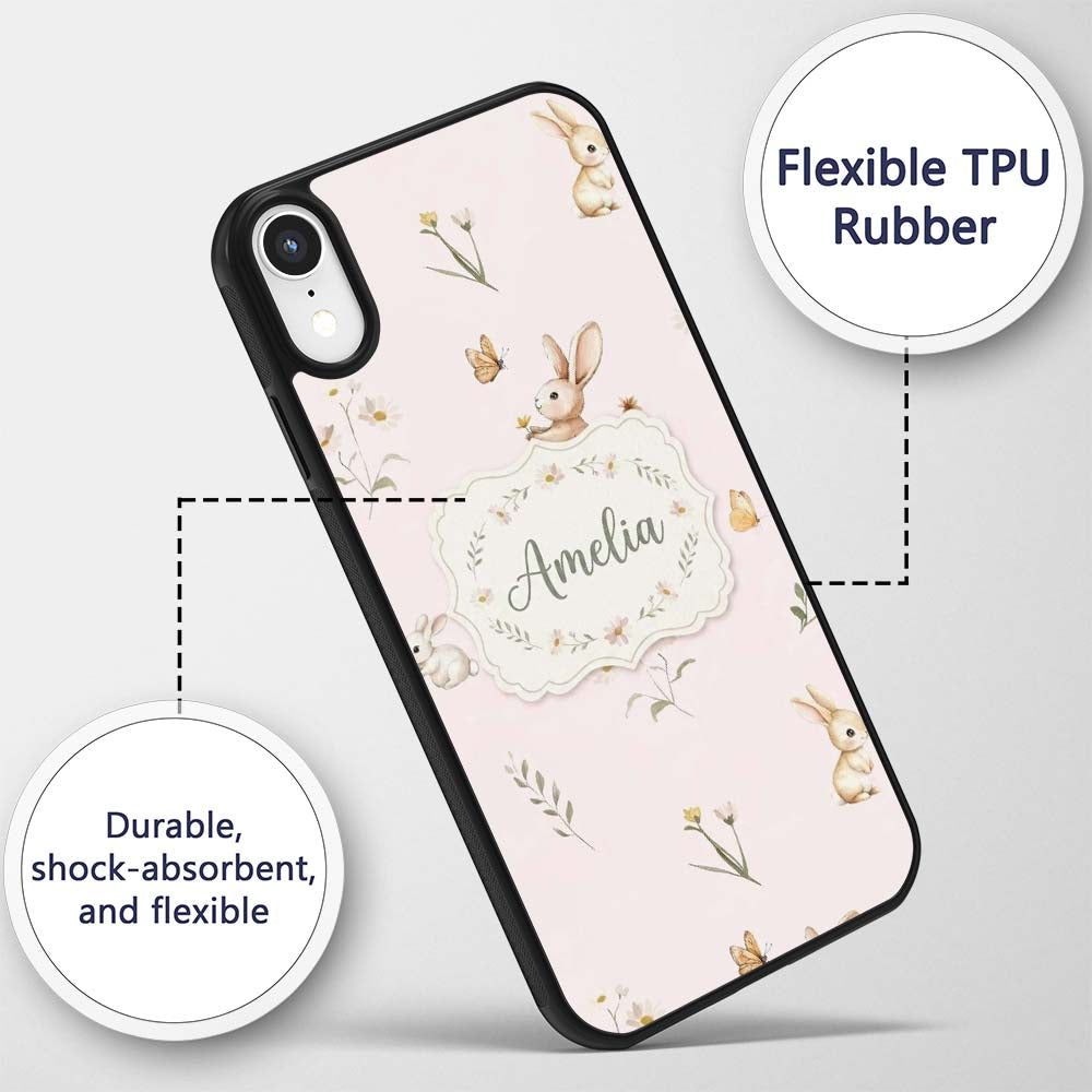 Watercolor Cute Bunny Rabbits Printed Design Custom Name Protective Phone Case Mobile Cover Durable Everyday Smartphone Shock Resistant