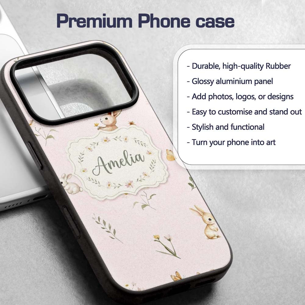 Watercolor Cute Bunny Rabbits Printed Design Custom Name Protective Phone Case Mobile Cover Durable Everyday Smartphone Shock Resistant