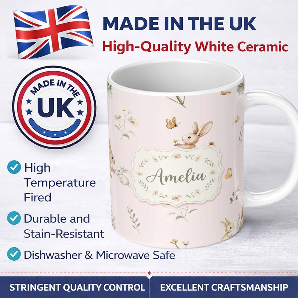 Personalized Custom Name Watercolor Cute Bunny Rabbits Butterflies Wildflowers Seamless 11oz Ceramic Coffee Tea Mug White Large Handle