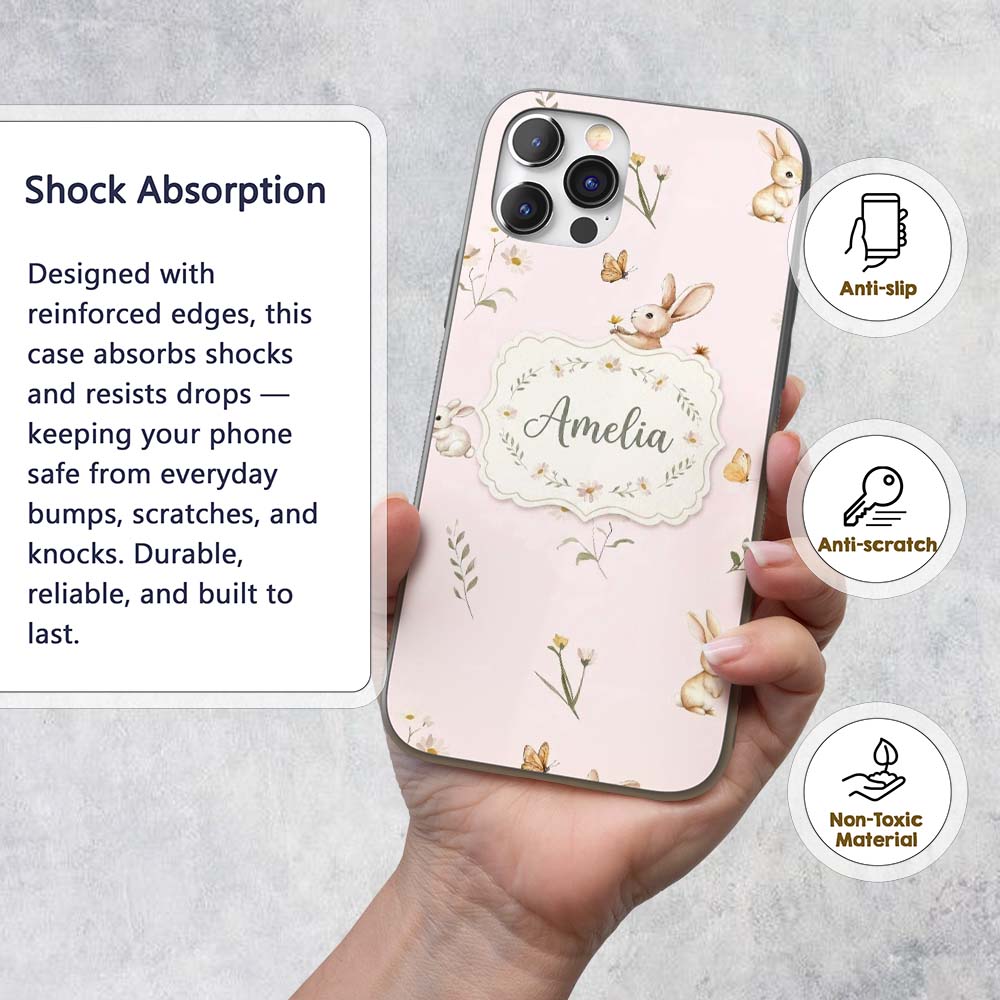 Watercolor Cute Bunny Rabbits Printed Design Custom Name Protective Phone Case Mobile Cover Durable Everyday Smartphone Shock Resistant