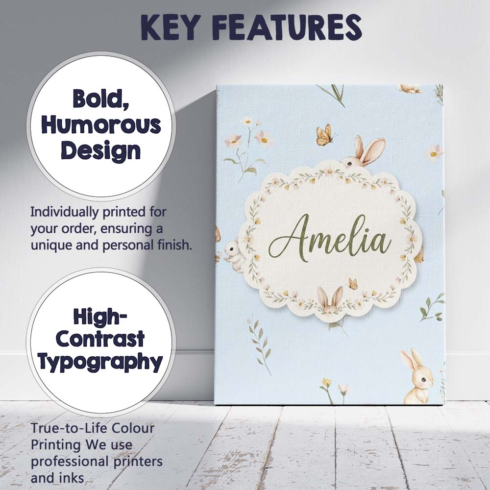 Personalised Name Watercolor Bunny Rabbits Custom Unique Gift Idea Elegant Feature Canvas Wall Art Print Decor Picture Ready to Hang