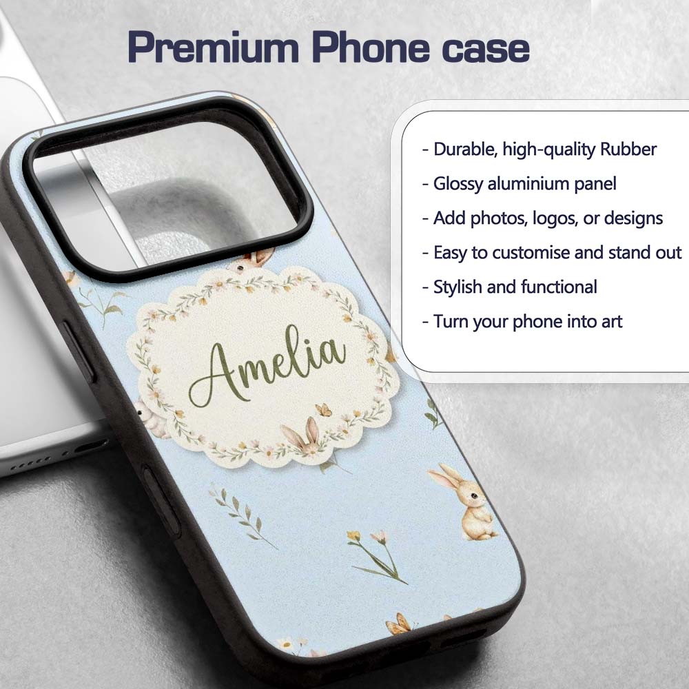 Watercolor Bunny Rabbits Butterflies Wildflowers Custom Name Protective Phone Case Mobile Cover Durable Everyday Smartphone Shock Resistant
