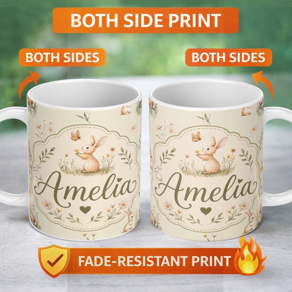 Personalized Custom Name Watercolor Cute Bunny Rabbits Butterflies Wildflowers on Cream 11oz Ceramic Coffee Tea Mug White Large Handle