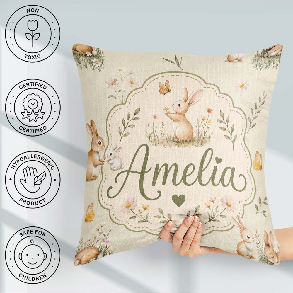 Custom Name Cute Bunny Rabbits Butterflies Wildflowers on Cream Square Filled Cushion Throw Pillow Sofa Bed Home Decor Zip Washable UK Made