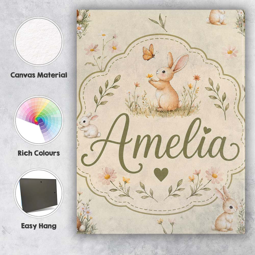 Personalised Name Watercolor Cute Bunny Custom Modern Room Accent Elegant Feature Canvas Wall Art Print Decor Picture Ready to Hang