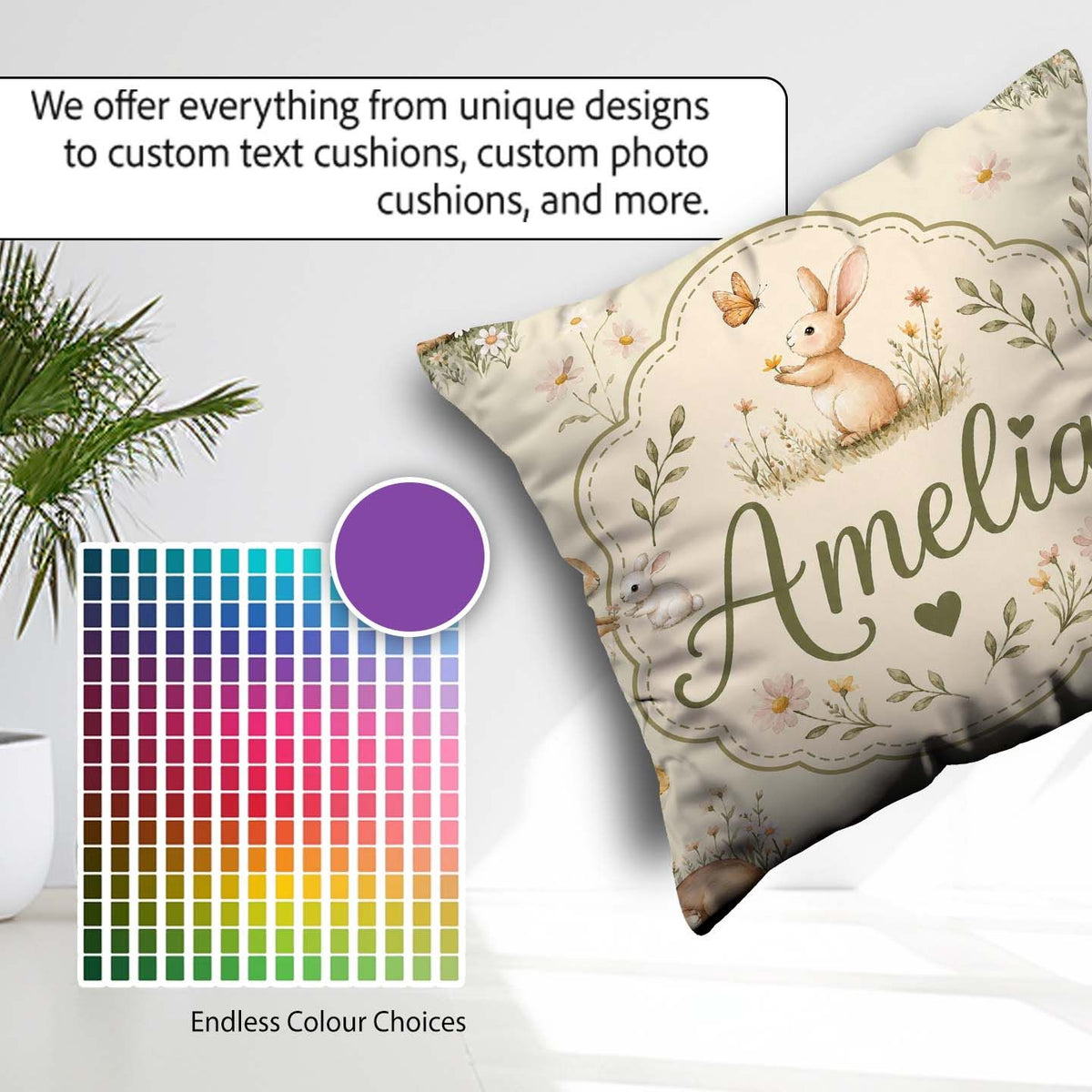 Custom Name Cute Bunny Rabbits Butterflies Wildflowers on Cream Square Filled Cushion Throw Pillow Sofa Bed Home Decor Zip Washable UK Made