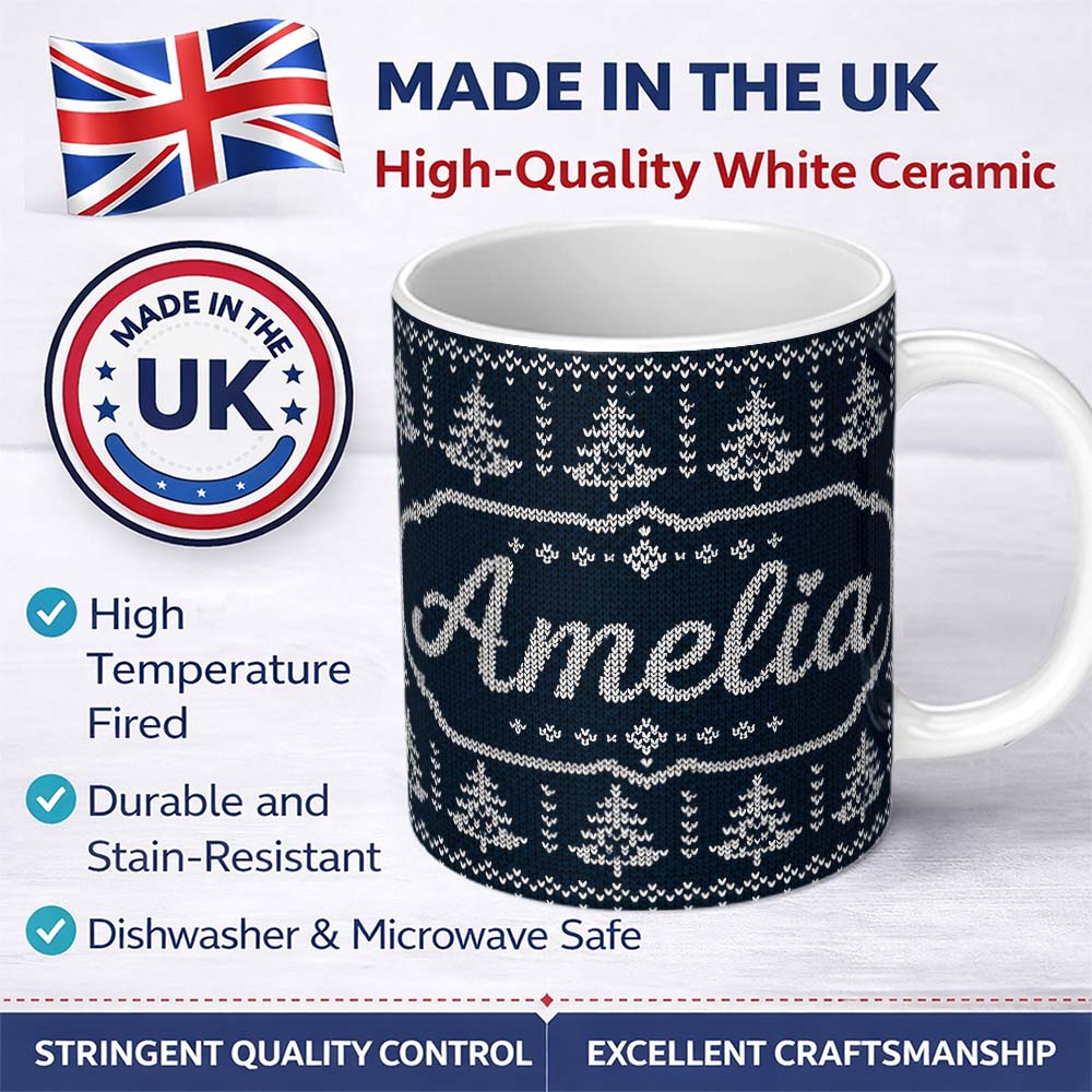 Personalized Custom Name Navy Blue Christmas Tree Heart Knitted Seamless Pattern Lovely 11oz Ceramic Coffee Tea Mug White Large Handle