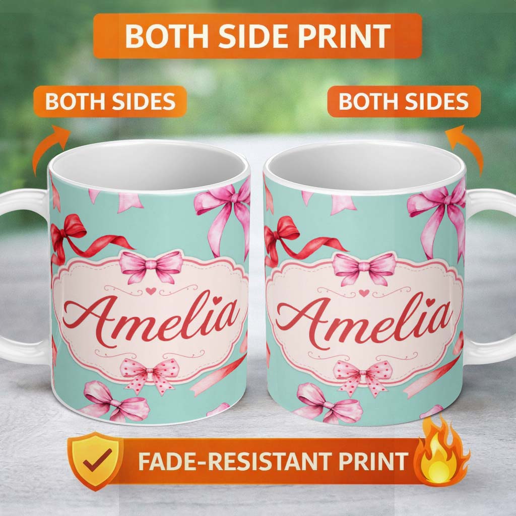 Personalized Custom Name Watercolor Red Pink Ribbon Bows Mint Green Background Cute Girly 11oz Ceramic Coffee Tea Mug White Large Handle
