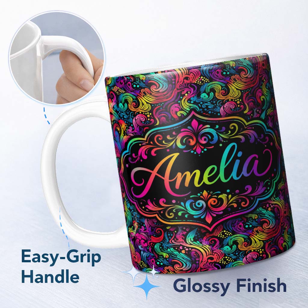 Personalized Custom Name Psychedelic Rainbow Wave Swirl Pattern on Black Background Seamless 11oz Ceramic Coffee Tea Mug White Large Handle