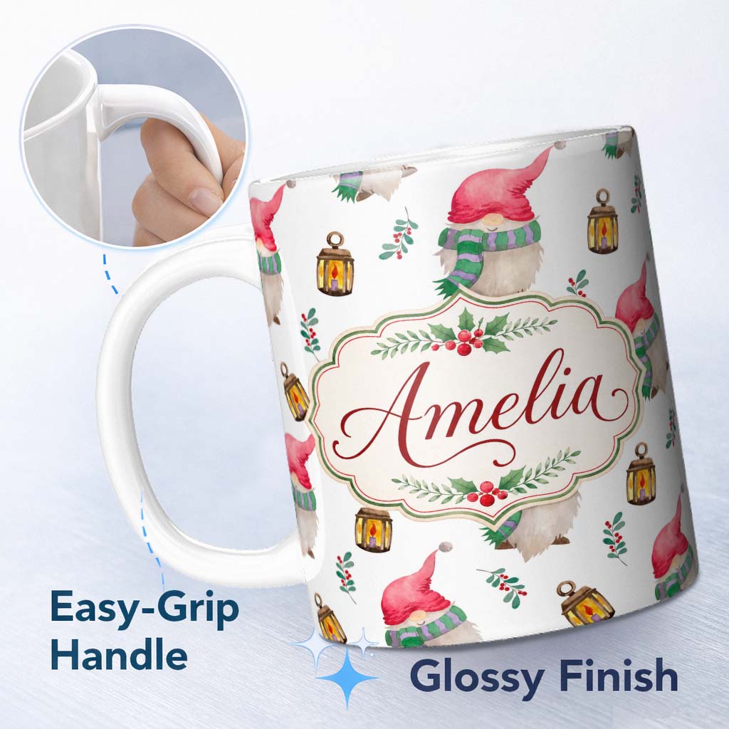 Personalized Custom Name Cute Christmas Gnome Lantern Winter Holiday Seamless Pattern Lovely 11oz Ceramic Coffee Tea Mug White Large Handle