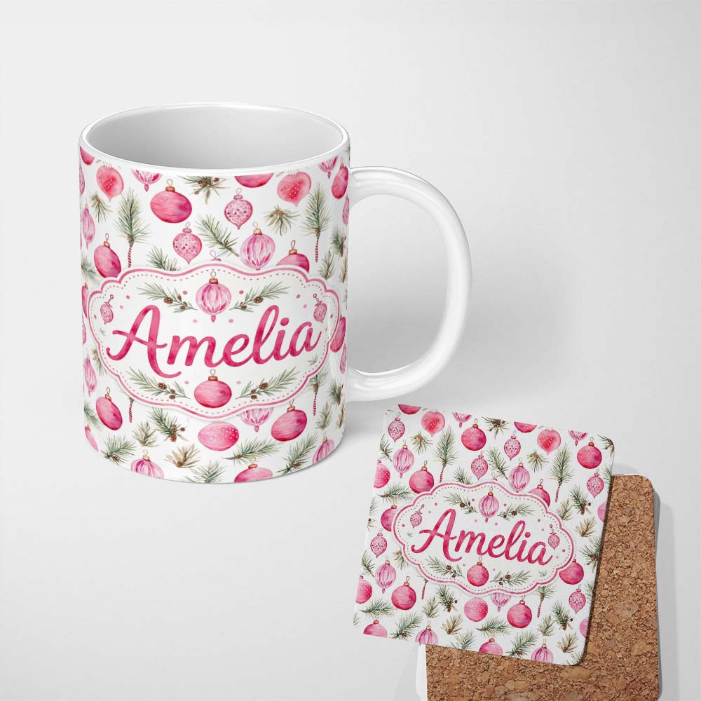 Personalized Custom Name Watercolor Pink Bauble Pine Branch Christmas Seamless Pattern Lovely 11oz Ceramic Coffee Tea Mug White Large Handle