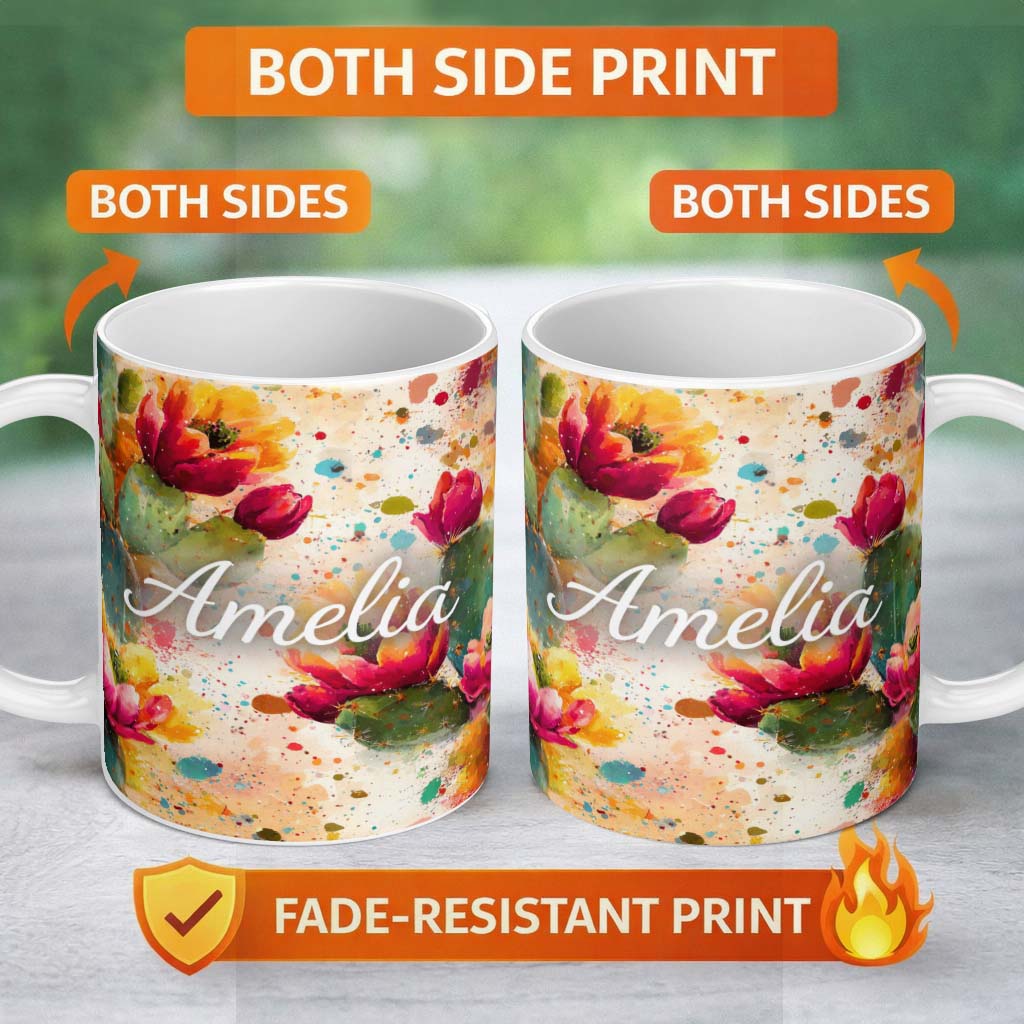 Personalized Custom Name Bright Watercolor Cactus Flower Abstract Seamless Pattern Lovely 11oz Ceramic Coffee Tea Mug White Large Handle