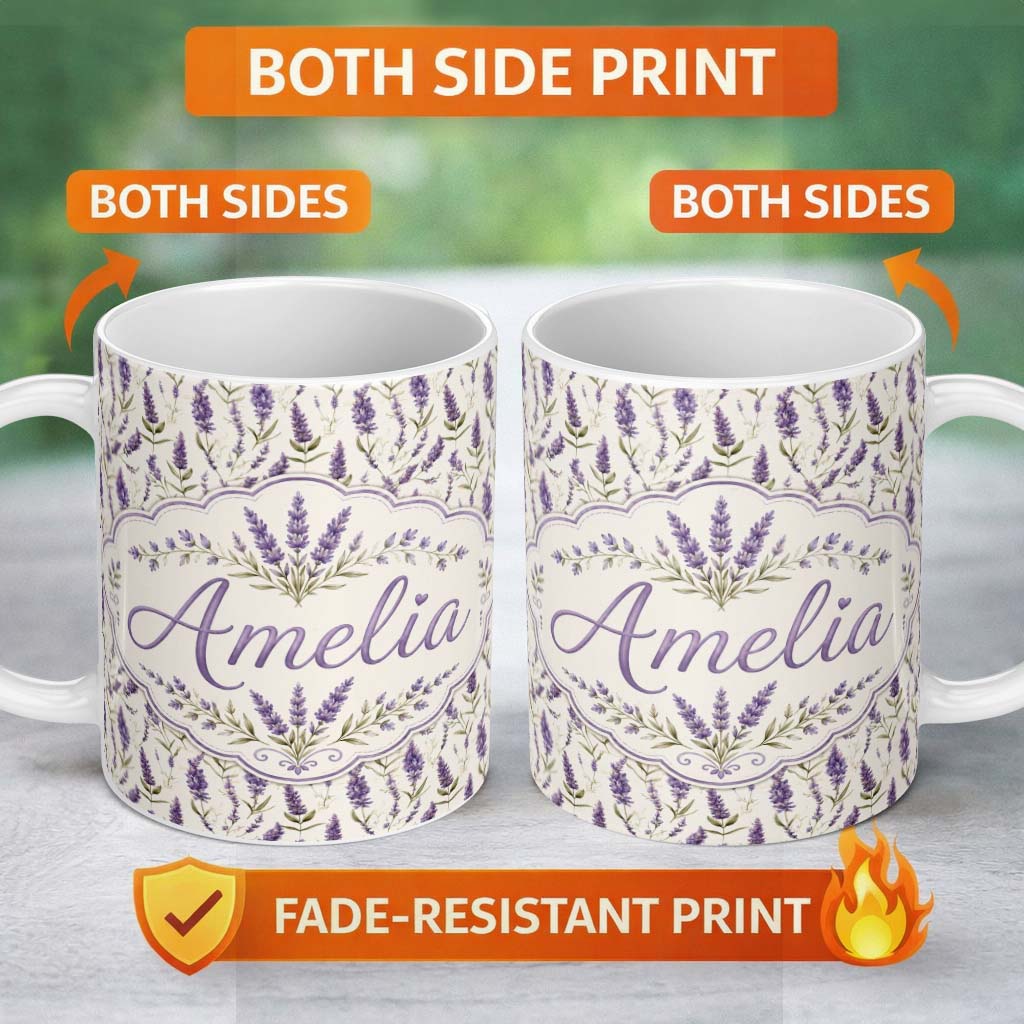 Personalized Custom Name Delicate Lavender Meadow Floral Pattern with Light Watercolour Style 11oz Ceramic Coffee Tea Mug White Large Handle