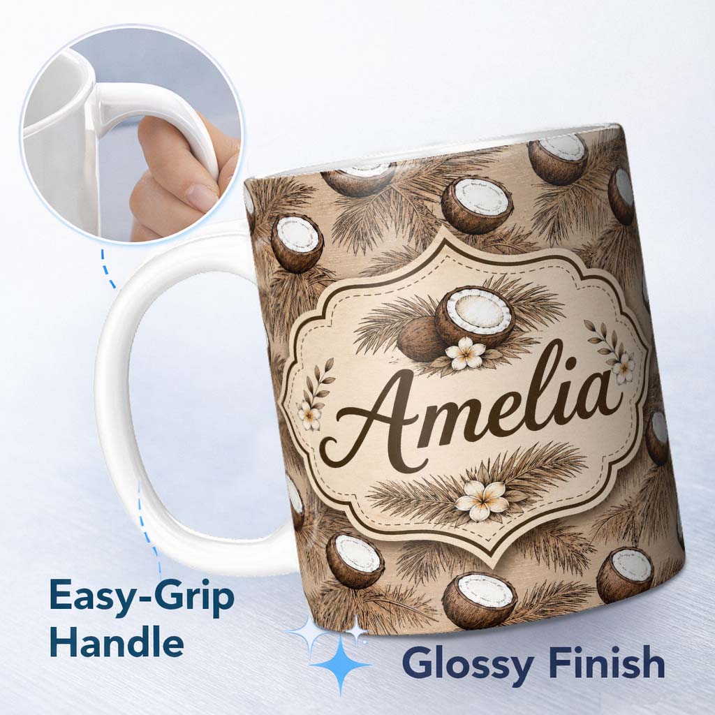 Personalized Custom Name Neutral Coconut and Palm Fronds Hand Drawn Tropical Beige Pattern 11oz Ceramic Coffee Tea Mug White Large Handle