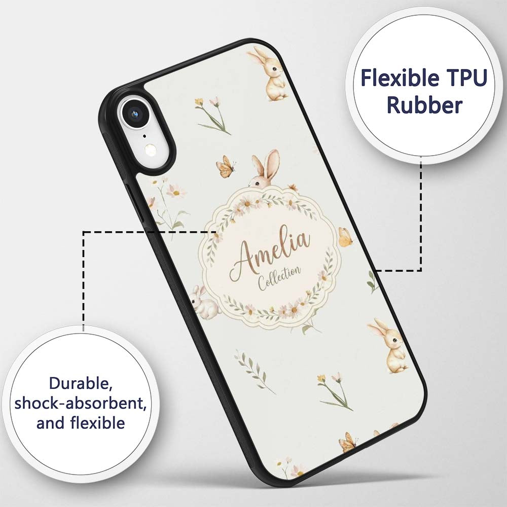 Watercolor Bunny Rabbits Butterflies Wildflowers Custom Name Protective Phone Case Mobile Cover Durable Everyday Smartphone Shock Resistant