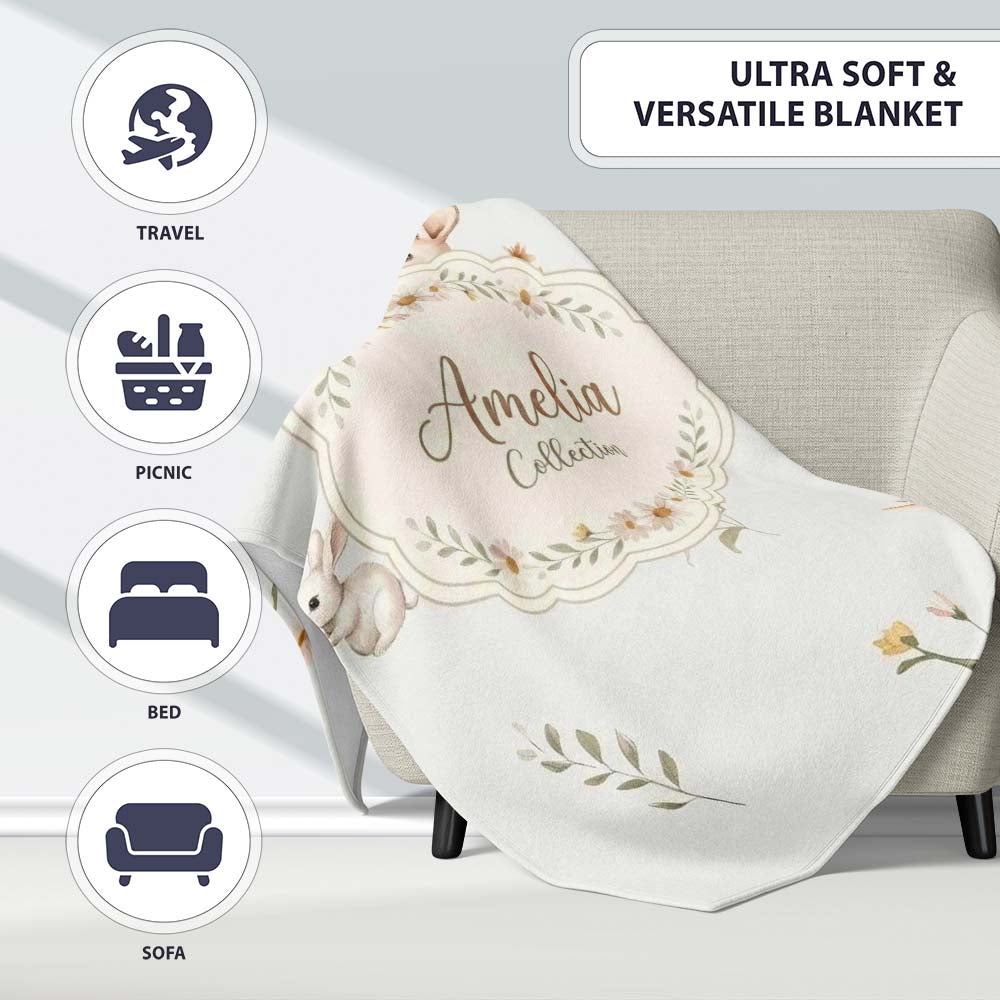 Watercolor Bunny Rabbits Butterflies Wildflowers on Soft Grey Personalised Custom Name Super Soft Fleece Blanket Bed Sofa Throw