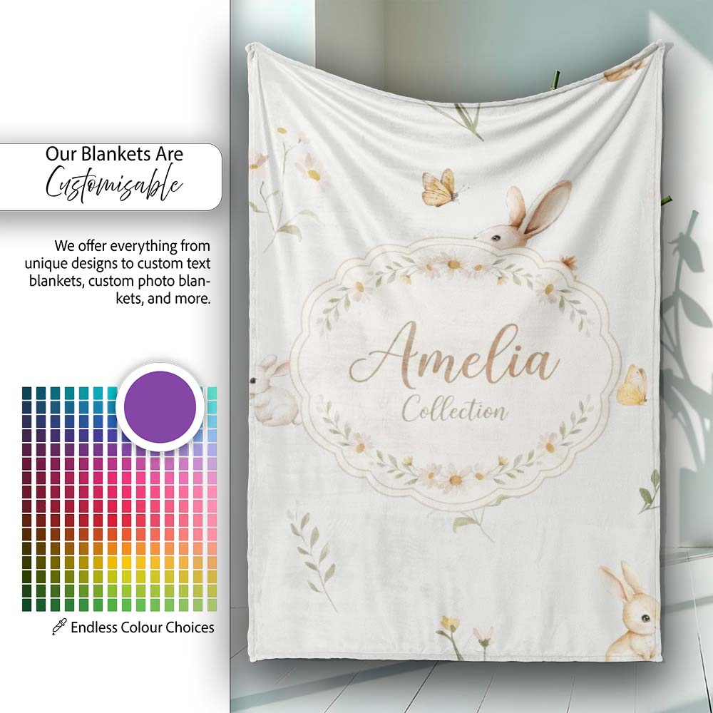 Watercolor Bunny Rabbits Butterflies Wildflowers on Soft Grey Personalised Custom Name Super Soft Fleece Blanket Bed Sofa Throw