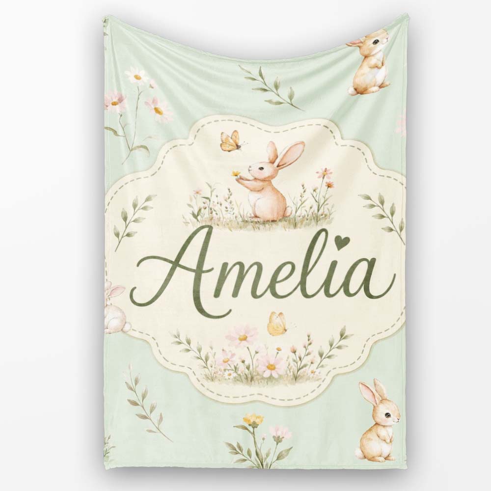 Watercolor Bunny Butterfly Floral Meadow Soft Sage Pattern Name Cute Personalised Custom Name Super Soft Fleece Blanket Bed Sofa Throw