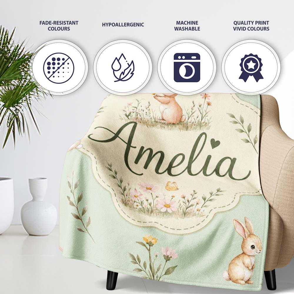 Watercolor Bunny Butterfly Floral Meadow Soft Sage Pattern Name Cute Personalised Custom Name Super Soft Fleece Blanket Bed Sofa Throw